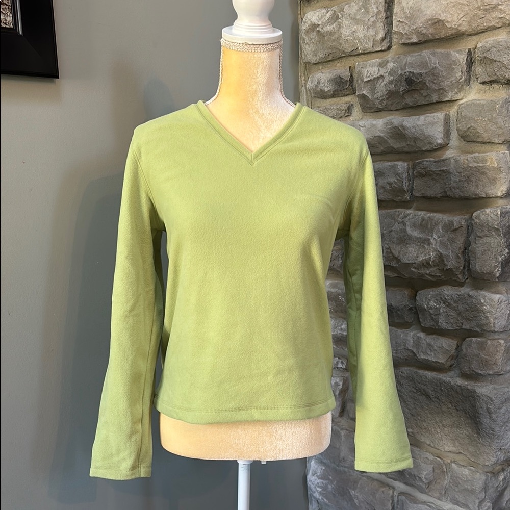 Light Green V-Neck Long Sleeve Fleece Top